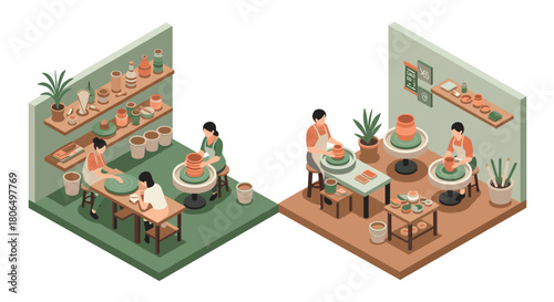 Creative pottery workshop in isometric style with students and instructors crafting ceramics
