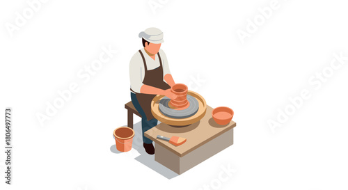 Isometric potter creating clay pot on wheel in art studio setting