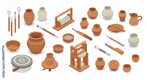 Isometric ceramic pottery tools and vessels for creative crafting projects