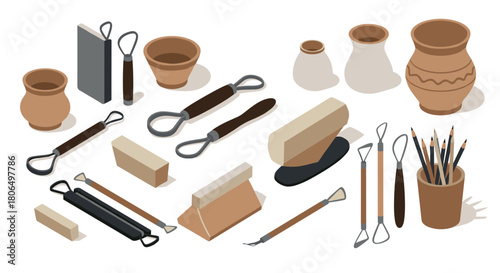 Isometric pottery tools and clay objects for crafting and sculpting projects