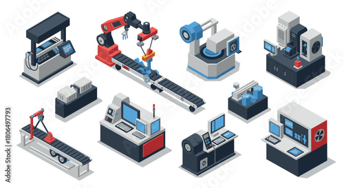 Isometric industrial machinery set with advanced robotic assembly line