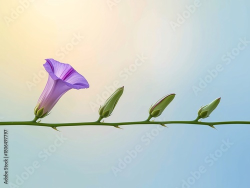 Purple morning glory flower blooming beside three closed buds on a green stem against sky