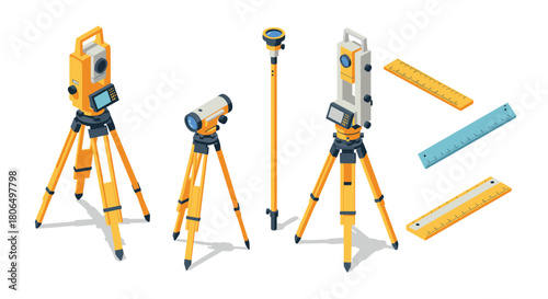 Modern isometric surveying equipment with tripods and rulers for engineering projects