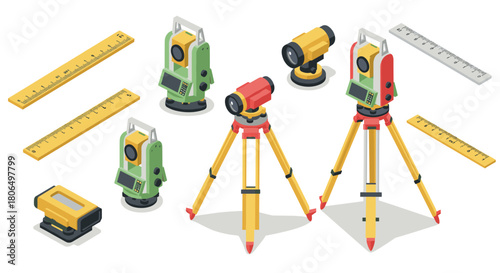 Isometric surveying equipment with theodolites and rulers in various colors