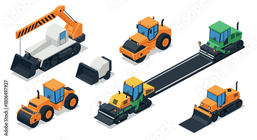 Isometric construction machinery excavators, bulldozers, and rollers in vibrant colors