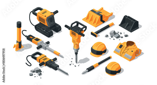 Isometric construction tools and safety gear set with jackhammers and helmets