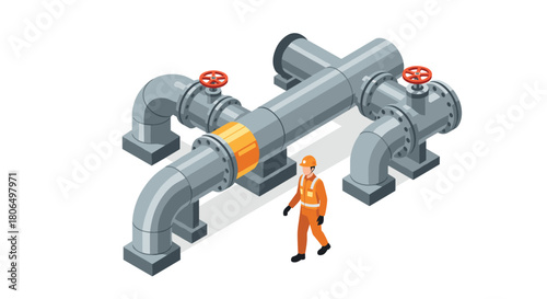 Industrial pipeline system with worker in safety gear isometric style