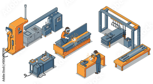 Isometric manufacturing scene with industrial machines and workers
