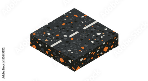Isometric cross section of asphalt with road lines and terrazzo texture