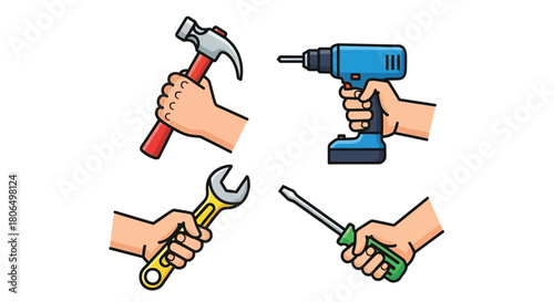 A collection of hands holding various construction and repair tools