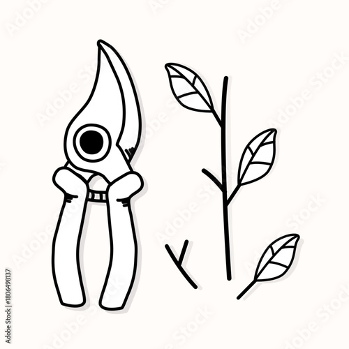 Minimalist vector illustration of pruning shears and branches. Line art style perfect for gardening infographics, plant care guides, educational materials, farming and landscaping icons.
