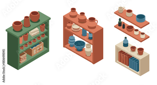 Isometric shelves displaying ceramic and porcelain pottery collection