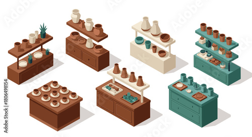 Isometric pottery display on shelves with clay vases, bowls, and plants in earthy tones