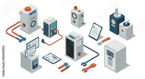 Isometric industrial equipment icons with detailed digital display and tools