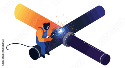 Isometric welding scene with worker and metal pipes in gradient colors
