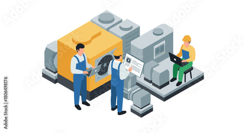 Isometric industrial maintenance team working on machinery equipment
