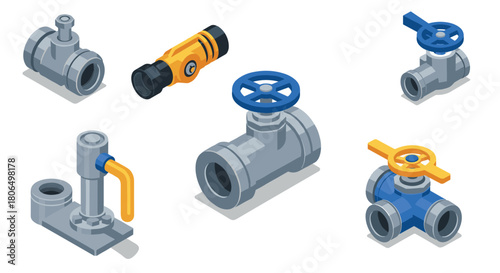Isometric industrial valves and pipes set with blue and yellow handles