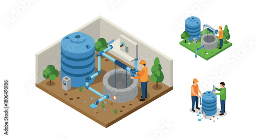 Water pump installation isometric scene with workers and equipment