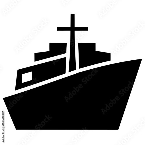 Modern cargo ship with mast and bridge silhouette
