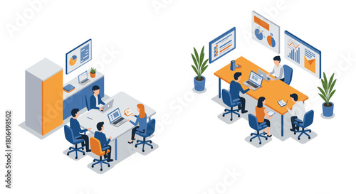 Collaborative office meetings in modern isometric workspace