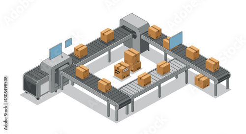 Automated conveyor system with cardboard boxes and computer monitors in isometric design