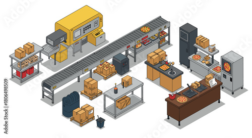 Automated pizza production line in isometric factory setup with conveyor and packaging components