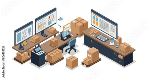 Modern isometric office workspace with computers and cardboard boxes for ecommerce and shipping
