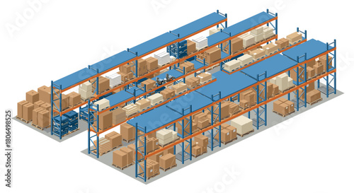 Industrial warehouse with isometric shelving and various packed goods