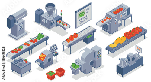 Automated isometric food processing plant with conveyor belts and sorting machines