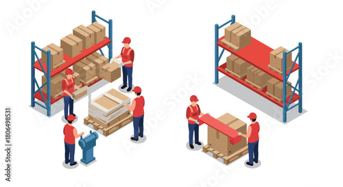 Isometric warehouse operations with workers organizing boxes on shelves