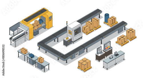 Automated packaging line with conveyor system and cartons in warehouse