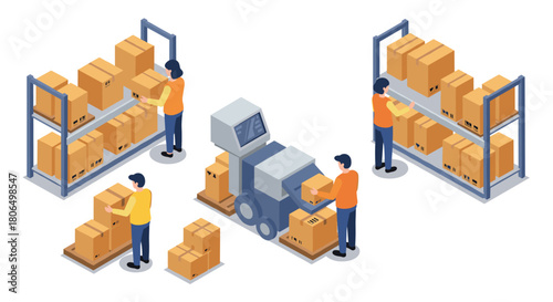Warehouse logistics automation with workers and conveyor system in isometric style