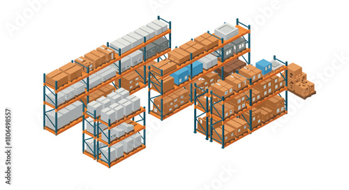 Isometric warehouse shelving with boxes and containers in storage facility