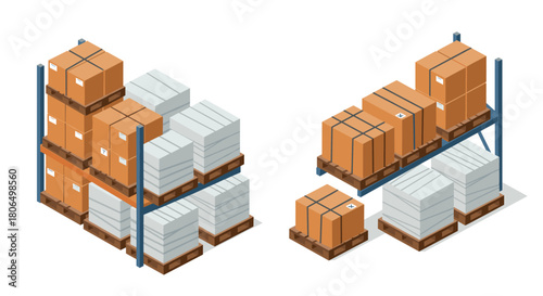 Isometric warehouse shelves with boxes and packages for logistics and storage