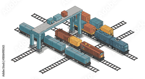 Isometric cargo train yard with shipping containers and railway tracks