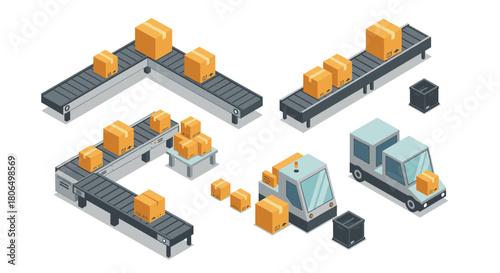 Isometric conveyor system with robotic vehicle and packages for logistics and automation