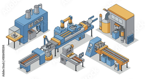 Industrial manufacturing factory with isometric design of machines and equipment