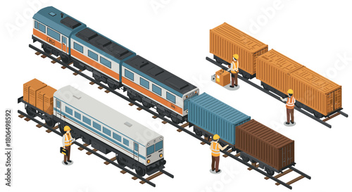 Isometric freight train with workers and cargo containers on railway tracks