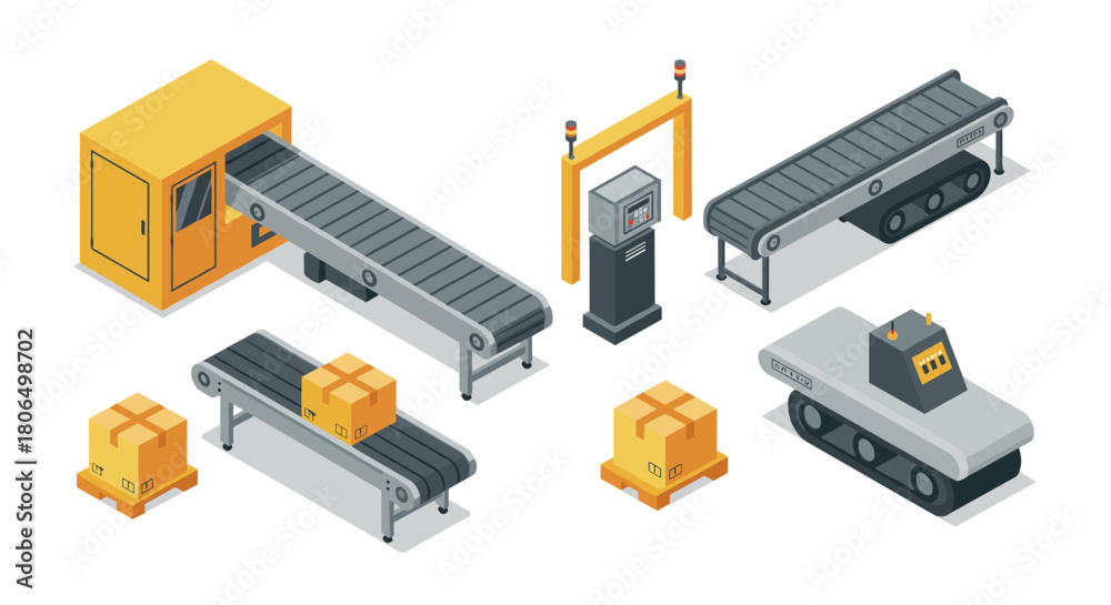 Obraz premium Isometric factory assembly line with conveyor belt and machinery