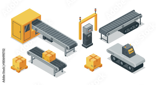 Isometric factory assembly line with conveyor belt and machinery