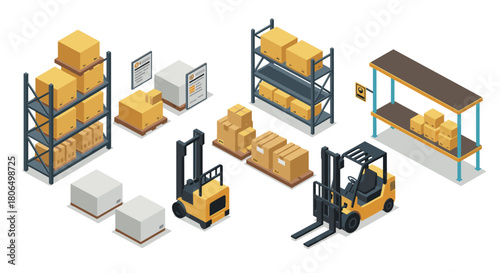 Isometric warehouse logistics with forklifts and storage shelves
