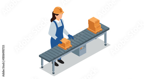 Factory worker organizing packages on conveyor belt in isometric style