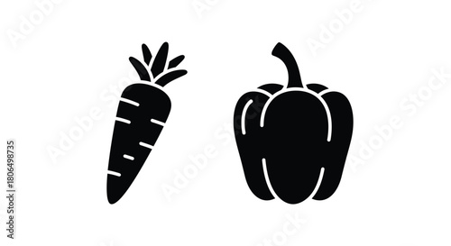 A simple black and white illustration of a carrot and a bell pepper