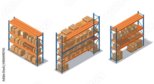 Isometric warehouse shelves with cardboard boxes on industrial metal racks