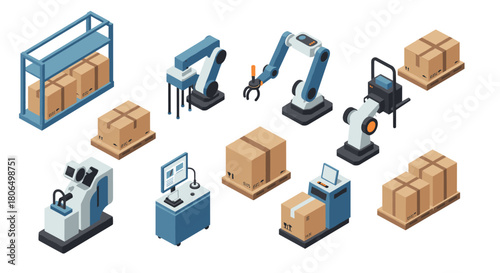 Isometric robotics and automation in warehouse logistics with conveyor belts and packages