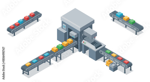 Isometric automated factory conveyor system with sorting machine and colorful boxes