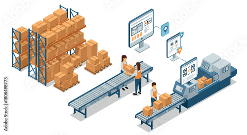 Isometric warehouse automation concept with packing line and digital monitoring systems