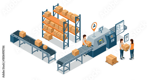 Isometric warehouse automation with conveyor belt and packaging process