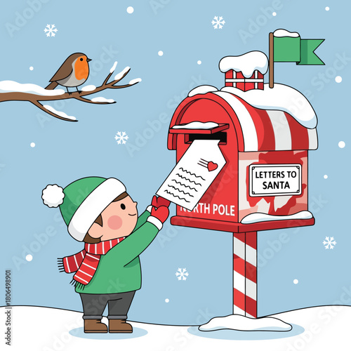 Sweet Christmas illustration of child mailing letter to Santa at North Pole