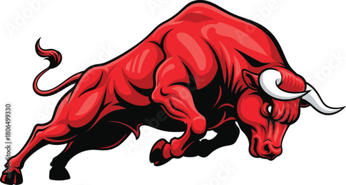 Illustration of red bull charging forward isolated on, powerful and strong